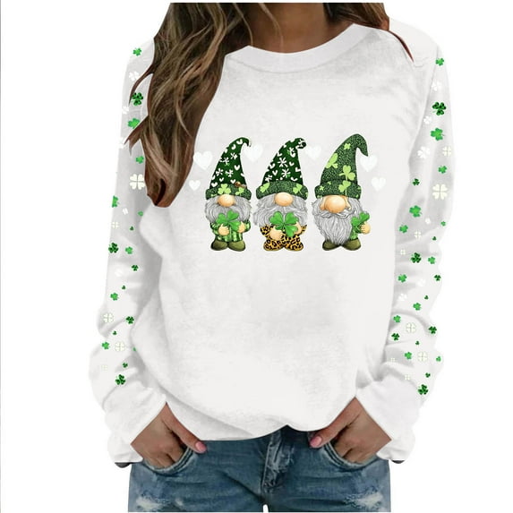 FDGIU Women's Saint Patrick's Day Sweatshirt - Long Sleeve Green Shamrock Print Crew Neck Pullover