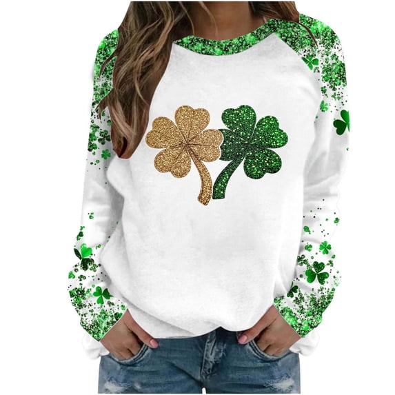 FDGIU Women's Saint Patrick's Day Sweatshirt - Long Sleeve Green Shamrock Print Crew Neck Pullover