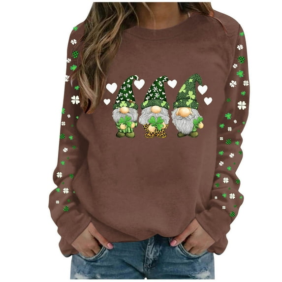 FDGIU Women's Saint Patrick's Day Sweatshirt - Long Sleeve Green Shamrock Print Crew Neck Pullover