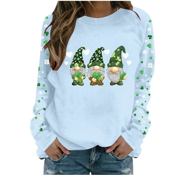 FDGIU Women's Saint Patrick's Day Sweatshirt - Long Sleeve Green Shamrock Print Crew Neck Pullover