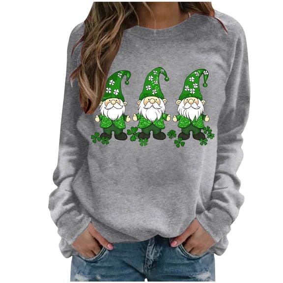 FDGIU Women's Saint Patrick's Day Sweatshirt - Long Sleeve Green Shamrock Print Crew Neck Pullover
