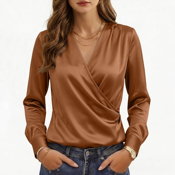 FDGIU Women's Satin Wrap V Neck Blouse, Long Cuff Sleeve Ruched Waist Solid Dressy Tops for Office Business Casual Daily Evening Outfits