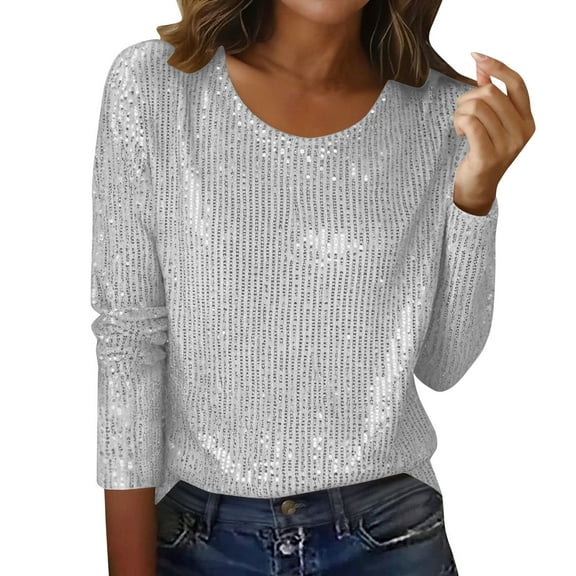 FDGIU ‌‌‌‌Women's Sequin Party Top - Sparkly Long Sleeve V Neck Holiday Dressy Blouse for Cocktail Parties & Date Nights