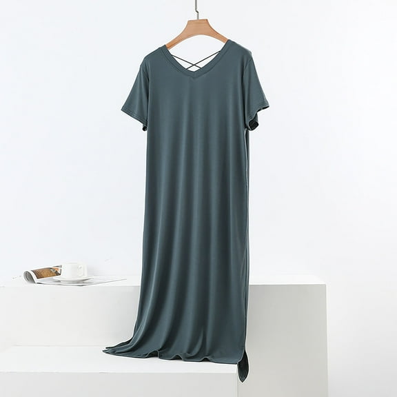 FDGIU Women's Short Sleeve Nightgown, V-Neck Loose Fit Comfy Sleepwear, Soft Loungewear