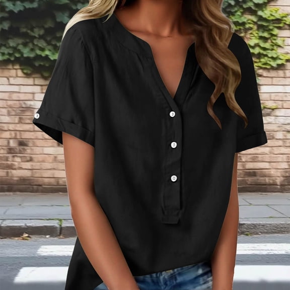 FDGIU Women's Short Sleeve V Neck Button Down Blouse - Solid Color Dressy Casual Business Work Top