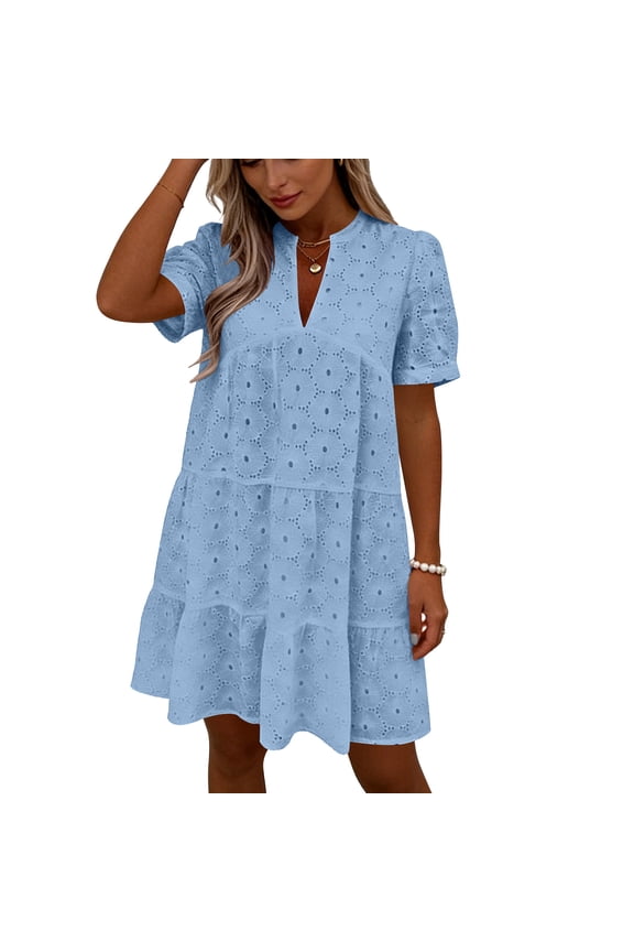 Women's Short Sleeve V Neck Mini Dress, Eyelet Embroidery Tiered Ruffle Casual Summer Dress for Daily & Beach