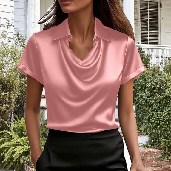 FDGIU Women's Silk Satin Short Sleeve Blouse - V Neck Button Down Business Office Casual Work Tunic