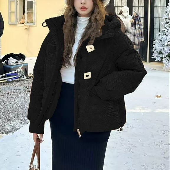 FDGIU Women's Slim Fit Puffer Coat - Attached Hood Zip Front, Lightweight Warm Long Jacket for Cold Weather Outdoor