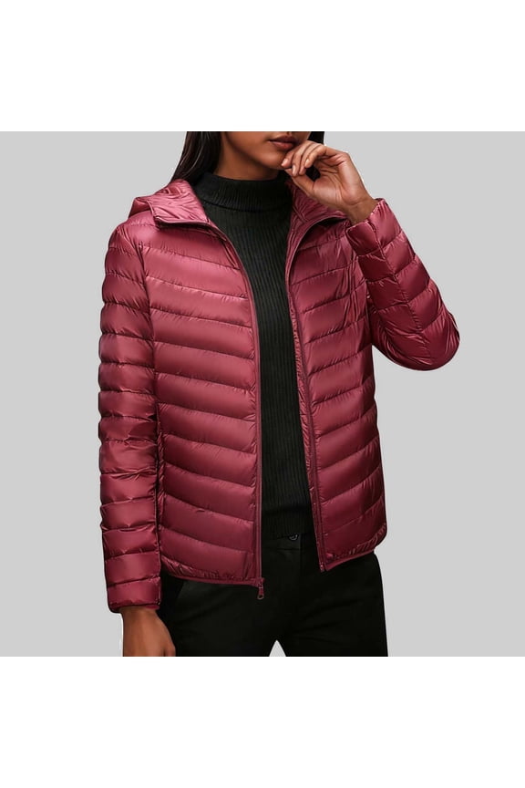 Women's Slim Fit Puffer Coat - Attached Hood Zip Front, Lightweight Warm Long Jacket for Cold Weather Outdoor