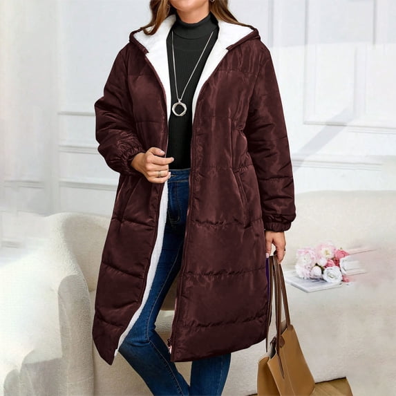 FDGIU Women's Slim Fit Puffer Coat - Attached Hood Zip Front, Lightweight Warm Long Jacket for Cold Weather Outdoor