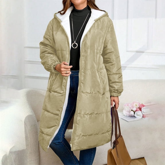 FDGIU Women's Slim Fit Puffer Coat - Attached Hood Zip Front, Lightweight Warm Long Jacket for Cold Weather Outdoor
