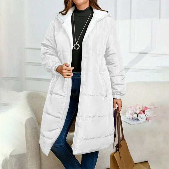 FDGIU Women's Slim Fit Puffer Coat - Attached Hood Zip Front, Lightweight Warm Long Jacket for Cold Weather Outdoor