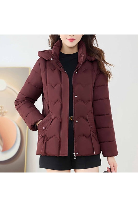Women's Slim Fit Puffer Coat - Attached Hood Zip Front, Lightweight Warm Long Jacket for Cold Weather Outdoor