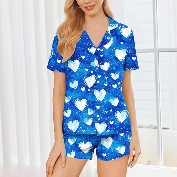 FDGIU Women's Soft Comfortable Heart Print Pajama Set - Short Sleeve Button Down 2 Piece Shorts Loungewear S-2XL