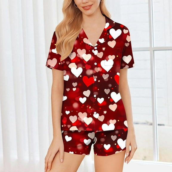 FDGIU Women's Soft Comfortable Heart Print Pajama Set - Short Sleeve Button Down 2 Piece Shorts Loungewear S-2XL