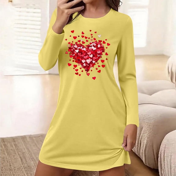 FDGIU Women's Soft Comfy Heart Graphic Nightgown - Long Sleeve Round Neck Loose Cute Pajama Dress for Daily House Wear S-2XL