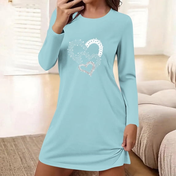 FDGIU Women's Soft Comfy Heart Graphic Nightgown - Long Sleeve Round Neck Loose Cute Pajama Dress for Daily House Wear S-2XL