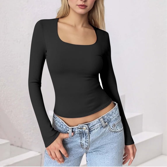 FDGIU Women's Solid Color Slim Fit Tee - Long Sleeve Round Neck Casual Basic Top