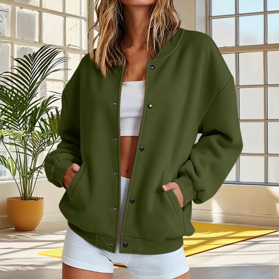 FDGIU Women's Solid Snap Button Jacket, Drop Shoulder Rib Cuff Long Sleeve Oversized Casual Sweatshirt Coat with Side Pockets for Spring Fall Daily Lounge Layering