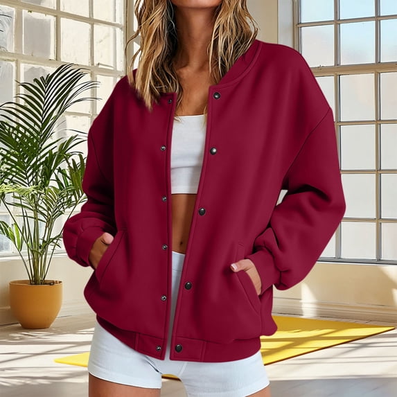 FDGIU Women's Solid Snap Button Jacket, Drop Shoulder Rib Cuff Long Sleeve Oversized Casual Sweatshirt Coat with Side Pockets for Spring Fall Daily Lounge Layering