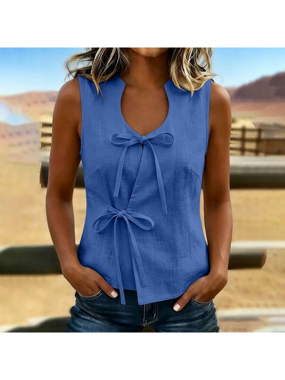 Women's Split V Neck Sleeveless Tie Front Vest Tank Top, Solid Cotton Linen Woven Double Bow Wrap Fitted Waist Cropped Casual Blouse