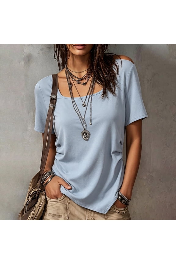 Women's Square Neck Side Ruched Short Sleeve T-Shirt, Stretchy Fitted Casual Daily Basic Top
