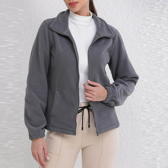 FDGIU Women's Stand Collar Fleece Zip Up Jacket - Lightweight Winter Warm Coat with Pockets, Casual Active Outerwear