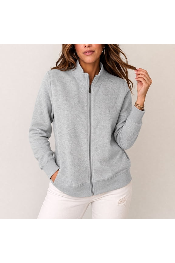 Women's Stand Collar Full Zip Sweatshirt Jacket, Rib Cuff Long Sleeve Solid Lightweight Fleece Coat with Side Pockets for Spring Fall Casual Workout Daily Layering