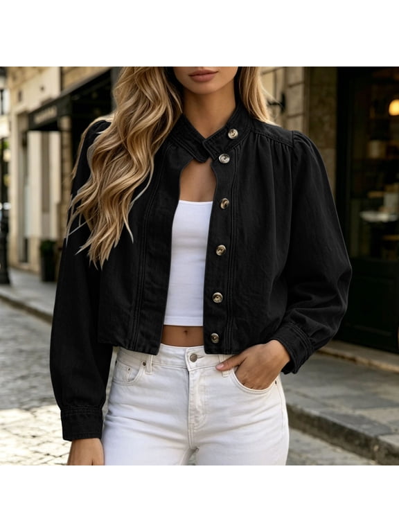 Women's Stand Collar Puff Long Sleeve Cropped Denim Jacket, Button Down Black Jean Shacket with Elastic Cuffs for Spring Summer Casual Daily Layering