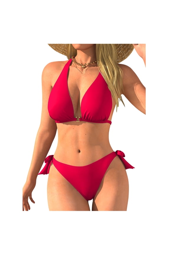 Women's String Triangle Bikini - Halter Top & Tie Side Bottom for Adjustable Swimwear