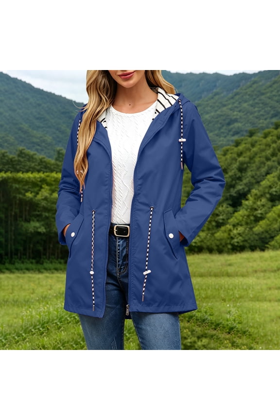 Women's Striped Lined Drawstring Waist Mid Length Windbreaker Jacket, Full Zip Elastic Cuff Lightweight Outdoor Trench Coat with Snap Pockets for Spring Fall Hiking Travel Daily Layering