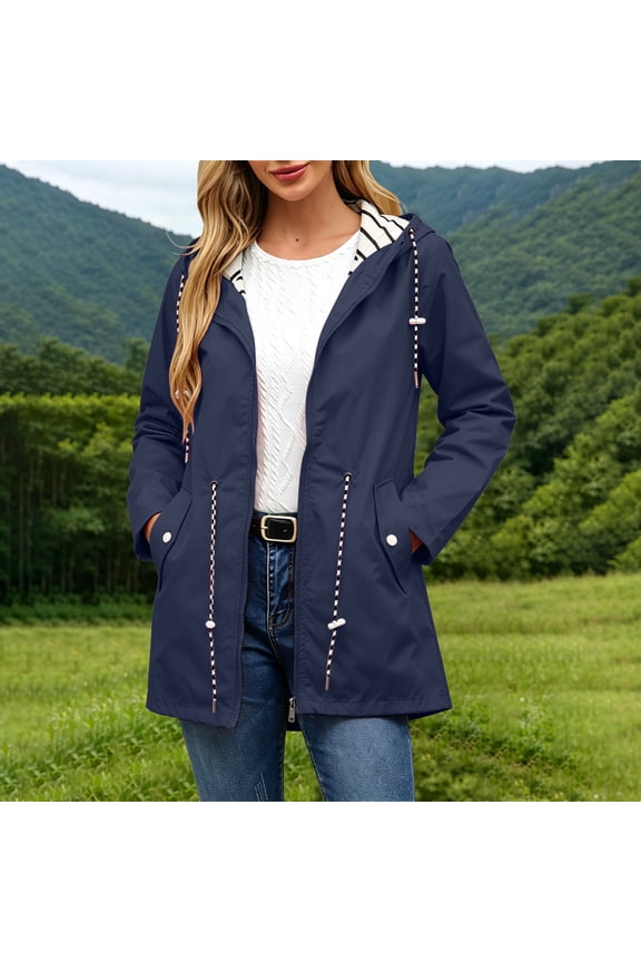 Women's Striped Lined Drawstring Waist Mid Length Windbreaker Jacket, Full Zip Elastic Cuff Lightweight Outdoor Trench Coat with Snap Pockets for Spring Fall Hiking Travel Daily Layering