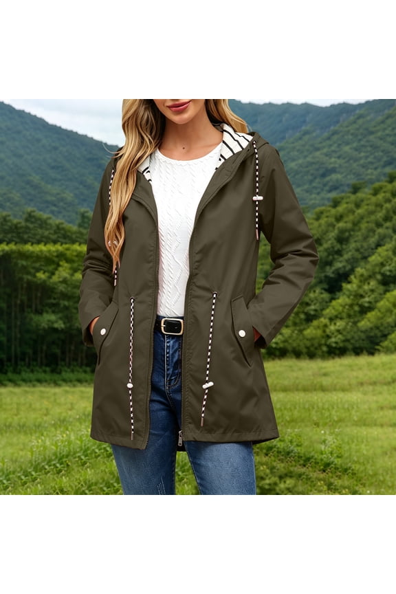 Women's Striped Lined Drawstring Waist Mid Length Windbreaker Jacket, Full Zip Elastic Cuff Lightweight Outdoor Trench Coat with Snap Pockets for Spring Fall Hiking Travel Daily Layering
