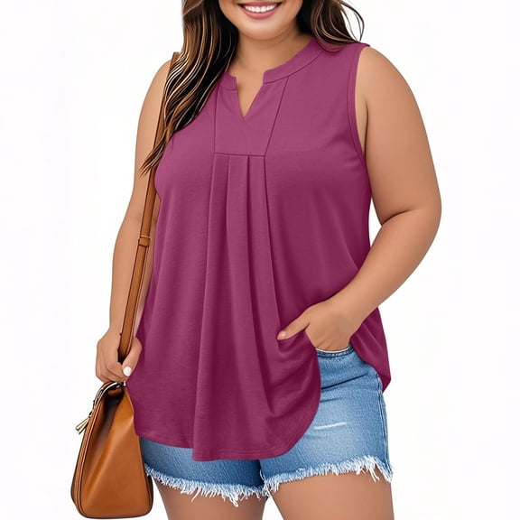 FDGIU Women's Summer 2025 Plus Size Peplum Tank Tops - V Neck Sleeveless Pleated Blouse for Beach and Office Wear