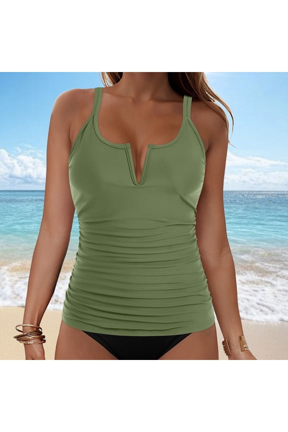 Women's Tankini Top, Scoop Neck Notched Front Sleeveless Swim Top, Tummy Control Bathing Suit Top for Beach Pool