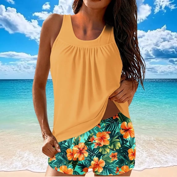 FDGIU Women's Tummy Control Tankini Set - Two Piece Modest Blouson Top & Shorts Summer Swimwear