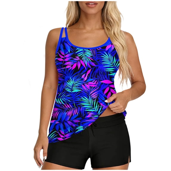 FDGIU Women's Two Piece Tankini Swimsuit Tummy Control Bathing Suit Floral Print Modest Athletic Swimwear Top with Boyshorts Bottom for Beach Vacation