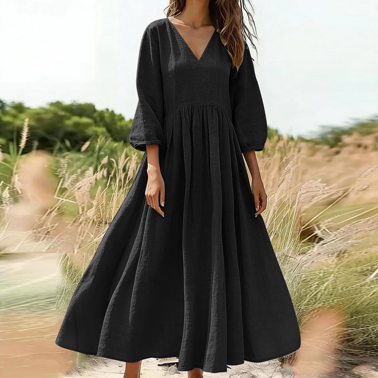 long dresses for home FDGIU Women's V Neck 3/4 Puff Sleeve High Waist Gathered Loose Linen Maxi  Dress, Casual Spring Summer Home A Line Swing Long Dresses