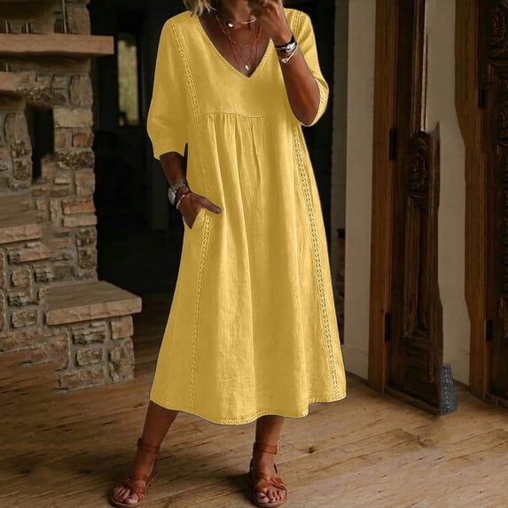 FDGIU Women's V Neck 3/4 Sleeve High Waist Gathered Pocket Loose Flowy Linen Midi Dress, Boho Beach Vacation Casual Home Lounge Swing Long Dresses