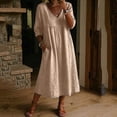 thumbnail image 1 of FDGIU Women's V Neck 3/4 Sleeve High Waist Gathered Pocket Loose Flowy Linen Midi Dress, Boho Beach Vacation Casual Home Lounge Swing Long Dresses, 1 of 6