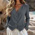 thumbnail image 1 of FDGIU Women's V Neck Button Front Linen Blend Jacket, Long Sleeve Slim Cropped Lightweight Shacket with Side Pockets for Spring Summer Beach Casual Daily Layering, 1 of 6