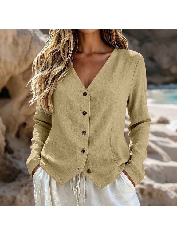 Women's V Neck Button Front Linen Blend Jacket, Long Sleeve Slim Cropped Lightweight Shacket with Side Pockets for Spring Summer Beach Casual Daily Layering