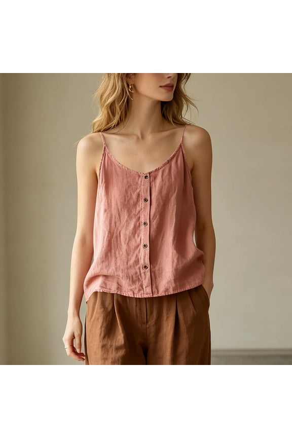 Women's V Neck Button Front Spaghetti Strap Camisole, Textured Woven Loose Casual Sleeveless Tank Top