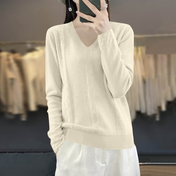 FDGIU Women's V Neck Cable Knit Sweater, Rib Hem Long Sleeve Loose Fit Pullover Tops Casual Knit Blouses