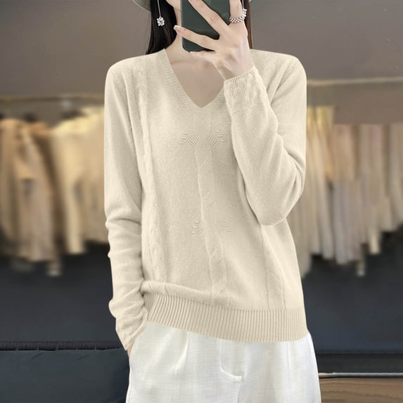 FDGIU Women's V Neck Cable Knit Sweater, Rib Hem Long Sleeve Loose Fit Pullover Tops Casual Knit Blouses