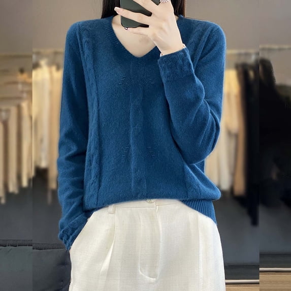 FDGIU Women's V Neck Cable Knit Sweater, Rib Hem Long Sleeve Loose Fit Pullover Tops Casual Knit Blouses