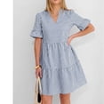 thumbnail image 1 of FDGIU Women's V Neck Striped Ruffle Short Sleeve Tiered A Line Mini Dress, Casual Summer Swing Babydoll Short Dress, 1 of 7