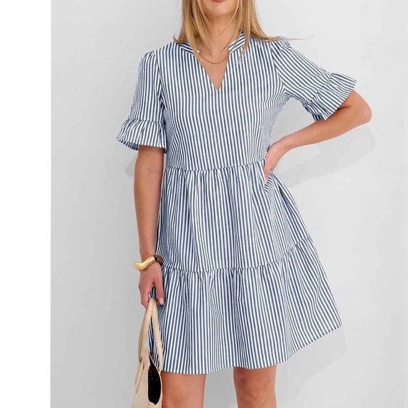 FDGIU Women's V Neck Striped Ruffle Short Sleeve Tiered A Line Mini Dress, Casual Summer Swing Babydoll Short Dress