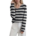 thumbnail image 1 of FDGIU Women's V Neck Sweater 2025 - Cable Knit Lantern Sleeve Pullover, Oversized Contrast Striped Top, Casual Fall Fashion Sweater, 1 of 4