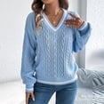 thumbnail image 1 of FDGIU Women's V Neck Sweater 2025 - Cable Knit Lantern Sleeve Pullover, Oversized Contrast Striped Top, Casual Fall Fashion Sweater, 1 of 7